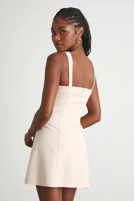Akira Cream Button-Front Skater Mini Dress