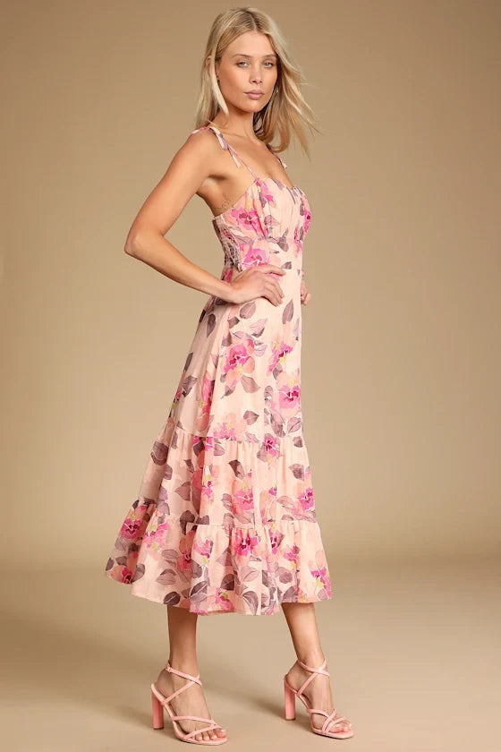 Tea Party Chic Pink Floral Print Tie-Strap Tiered Midi Dress