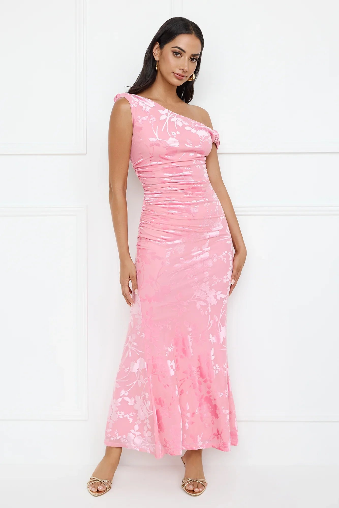 Sultry Poise Mesh Off Shoulder Maxi Dress Pink