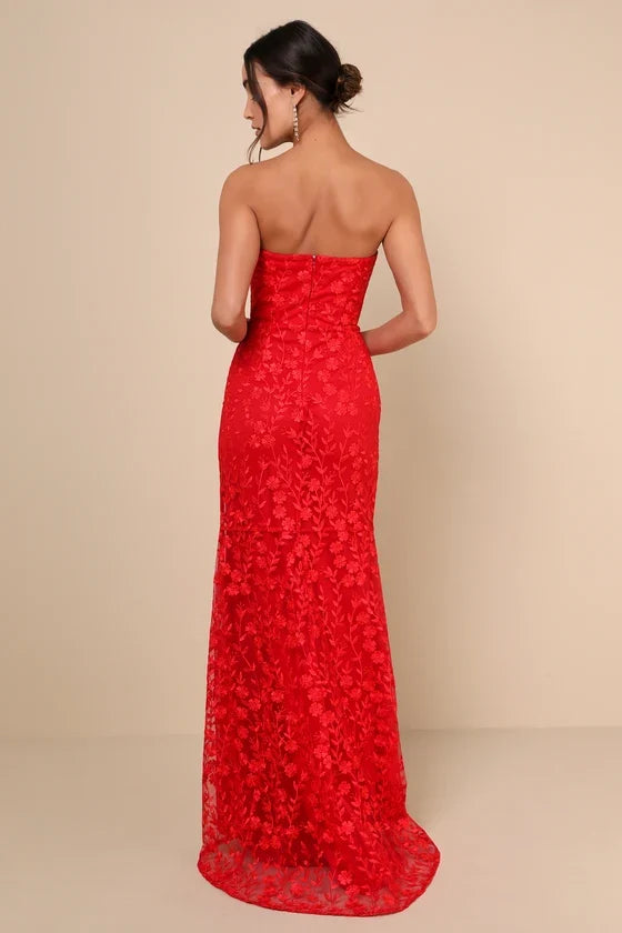 Romantic Beauty Red Floral Embroidered Strapless Maxi Dress